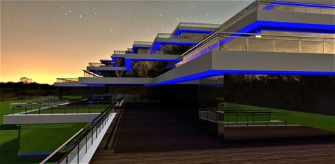 The graceful blue night illumination of the exterior of the low-rise country office emphasizes the minimalism of the architectural lines conceived by the designer. 3d rendering.