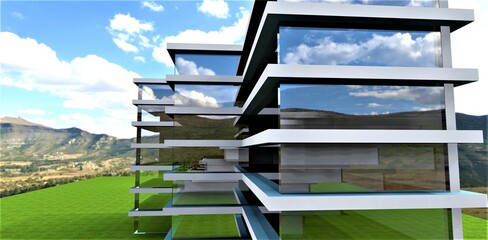 A modern multi-storey building with a glass facade that reflects the surrounding environment. Ecologically clean mountainous region. Spacious green meadow below. 3d rendering.