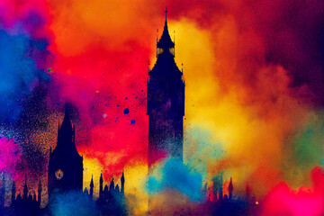 BigBen of london in a dynamic explosion of multicolored powder, 3d illustration - obrazy, fototapety, plakaty