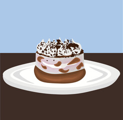 Plate with sweet tiramisu dessert on color background