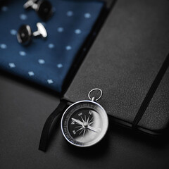 Business accessories. Antique compass on black background.