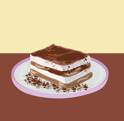 Plate with sweet tiramisu dessert on color background