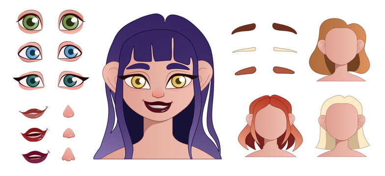 Female face construction with different head parts on white background