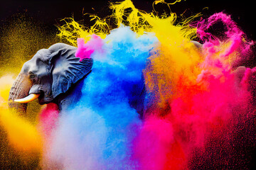 Wild elephant in color powder explosion, artistic 3d illustration