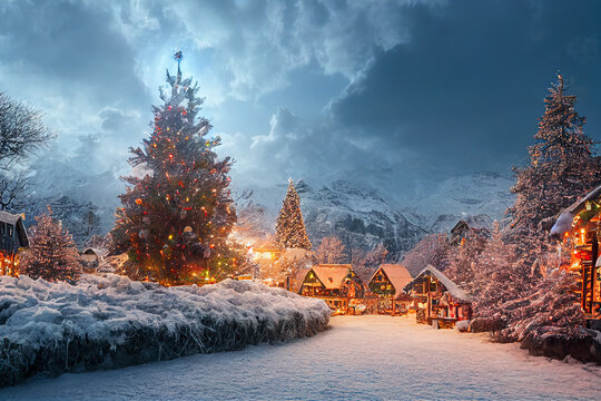 Santa's village hidden behind the mountains surrounded by Christmas trees and snow. Digital matte painting.