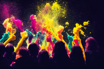 Group of people in the form of a silhouette, standing together, watching an explosion of multicolored powder. 3d illustration.
