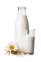 Glass of milk and bottle on  background