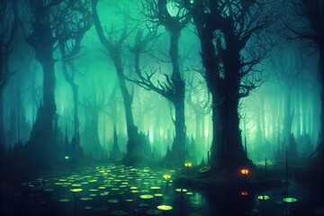 3D-image of fantasy forest pond filled with lots of glowing lights