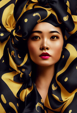 Asian woman with silk scarf, AI generated