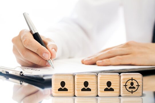 Customer relationship management, Target customer, buyer persona, marketing segmentation, job recruitment concept. Wooden cube blocks