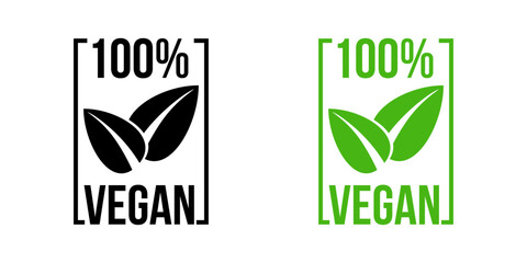 100% vegan icon design. 100% vegan symbol design. Vegan food sign with leaves. Vector illustration.