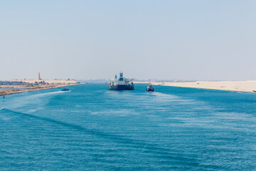 Convoy of vessels transiting through the Suez Canal, North bound.