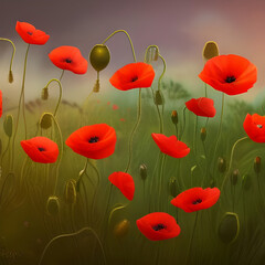 A 3d digital rendering of red poppies in a field.