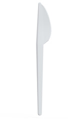 Eco-friendly disposable utensils like knife on white background.