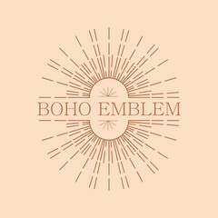 Bohemian logo design template with sun and sunburst. Boho linear icon or symbols in trendy minimalist style. Modern celestial emblem. Vector illustration