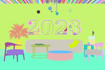2023 living room concept with 2023 book shelf, mask