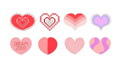 Set of y2k-style hearts stickers, 2000s. Atmospheric elements glamor retro elements. Vector illustration in flat style