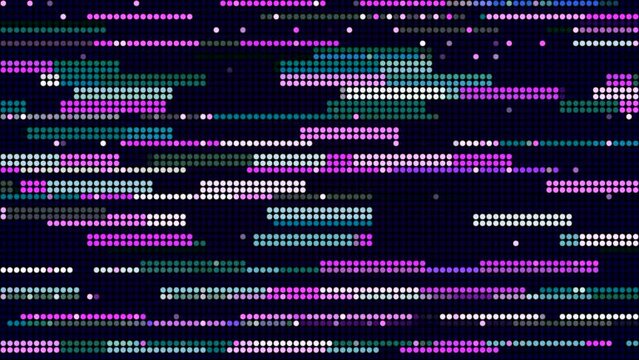 Abstract pixelated retro video game. Motion. Purple lines and dots moving on a black background.