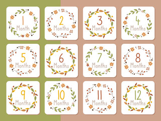 Set of Baby Milestone Month Cards in flower wreath on isolated background. Design for postcard, greeting card, poster, concept, flyer, card