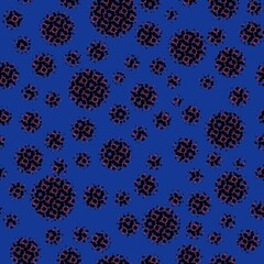 Abstract seamless pattern with textural black different balls on blue.Illustration of overlapping textural dot pattern for background abstract ornament,flyer,banner,textile,fabric,wrapping paper,print