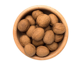 Walnuts with leaves isolated on white, top view