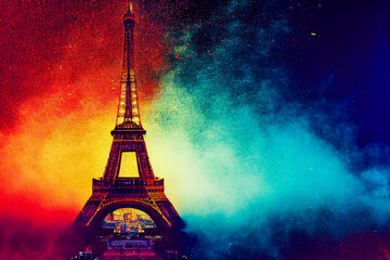 Eiffel Tower of France in an explosion of colored powder. Freeze frame of the movement. Illustration 3d.