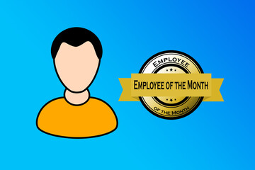 Employee of the month. Avatar of a person and award style stamp with a ribbon.