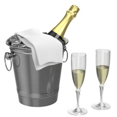 3d rendering illustration of a champagne bottle in an ice bucket
