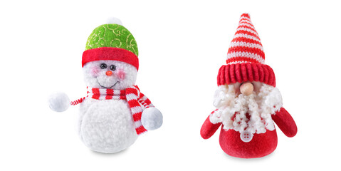 Toy Santa and snowman on a white isolated background