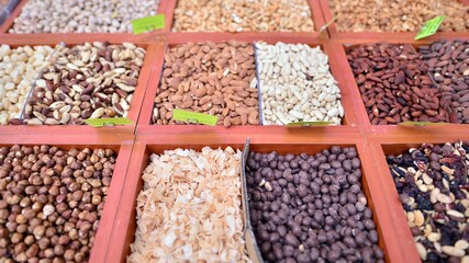 Market stall selling dried fruit and nuts