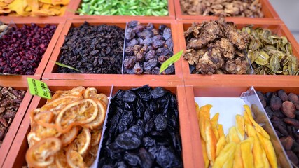 Market stall selling dried fruit and nuts