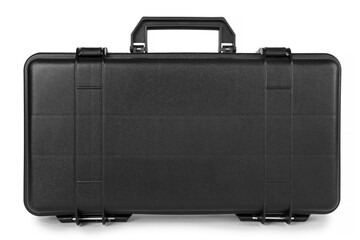 Black rectangular plastic tool box isolated on white background. Hard plastic tool box with handle...
