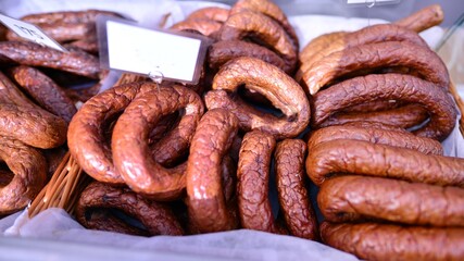 Smoked meat products.  Tasty display of sausage and cold cuts.
