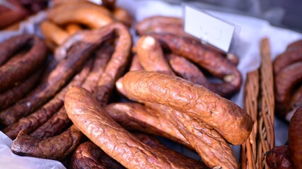 Smoked meat products.  Tasty display of sausage and cold cuts.