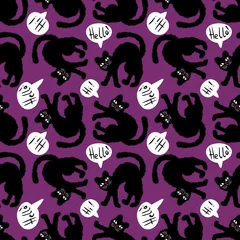 Tuinposter Halloween black cats seamless cartoon monsters pattern for wrapping paper and kids clothes print and packaging © Tetiana