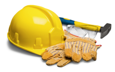 Yellow Safety Helmet with Gloves, Glasses and Hammer