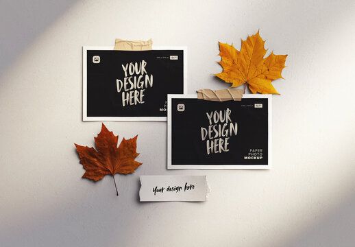 Moodboard with Photos and Autumn Leaves Mockup