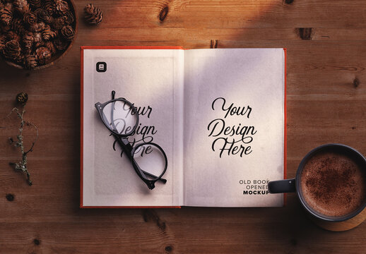 Old Book Opened with Reading Glasses and Hot Drink Mockup