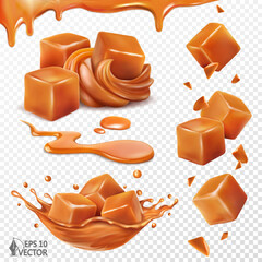 Set with caramel cream, slices and pieces. Liquid caramel splash crown. Falling toffee candies. 3d realistic vector illustration - obrazy, fototapety, plakaty