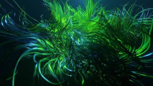 Volumetric lights. Live curls underwater like fur, multi-colored threads or hair. Mist and DOF bokeh effects. Mysterious background with live curved lines, close-up. 4k seamless looped bg.