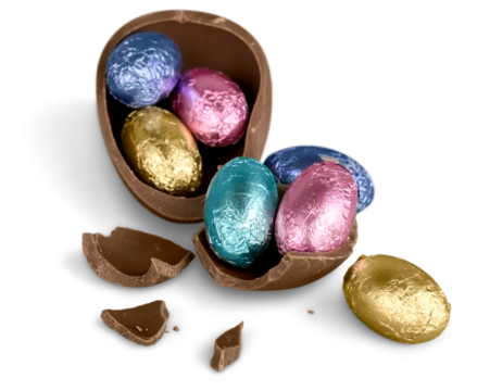 Broken chocolate Easter egg with colorful candies on white background