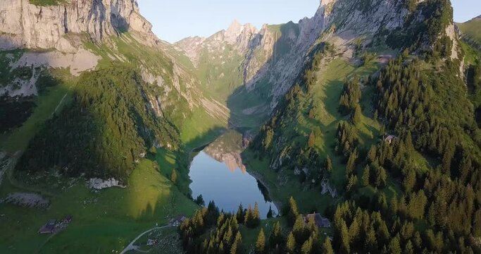Aerial View of Famous Swiss Mountains at Sunrise in Appenzell, Switzerland