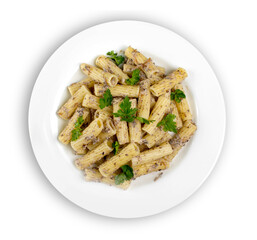 Pasta. Penne Pasta with Bolognese Sauce, Parmesan Cheese and Basil on a Fork. Italian Cuisine. Mediterranean food