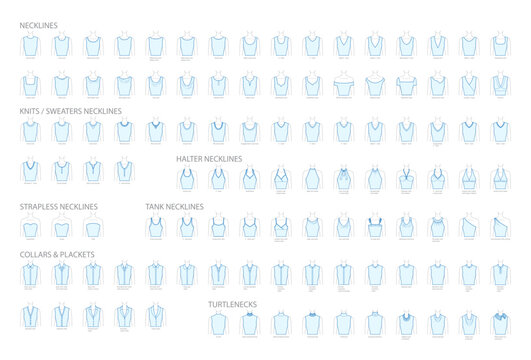 Set of necklines clothes - collars, plackets, knits, sweaters, tops, strapless, turtlenecks, tank, halter technical fashion illustration. Flat apparel template front sides. Women, men CAD mockup