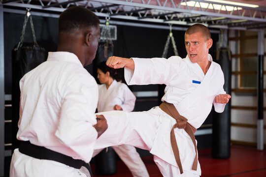 Caucasian and African-american men exercising fight moves during karate training. Women sparring in background.