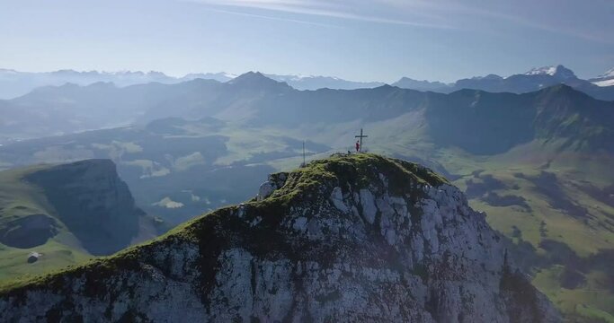 Aerial View of Running and Hiking in Classic Swiss Mountain Range in Luzern, Switzerland