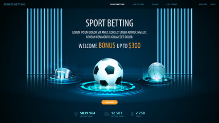 Sports betting, digital banner for website with sport balls on blue hologram digital podiums in dark empty scene © DDevicee