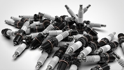 Pile of car spark plugs on a white background, 3d illustration