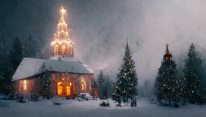 Gordijnen Winter in the village, landscape with big church, christmas decorations © DNY3D