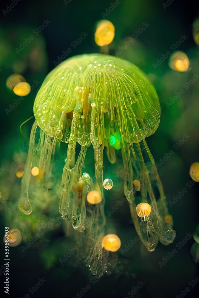 Wall mural Beautiful green jellyfish in deep dark water